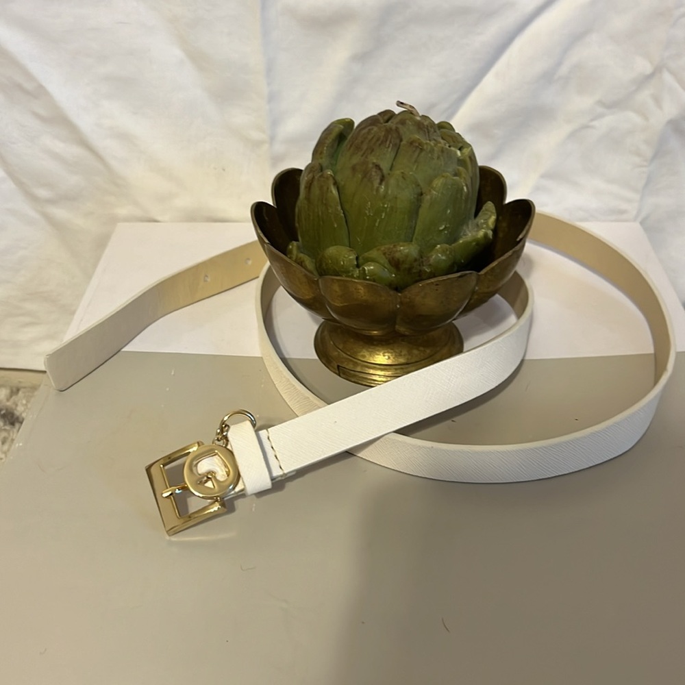 Kate Spade Thin White with Gold Hardware Genuine Leather Belt/ Size Large